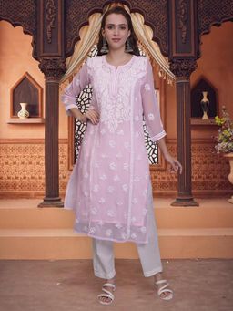 Seva Chikan - Hand Embroidered Pink Georgette Lucknowi Chikankari Kurta with Inner (Set of 2)