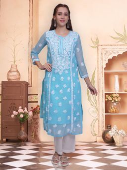 Seva Chikan - Hand Embroidered Blue Georgette Lucknowi Chikankari Kurta with Inner (Set of 2)
