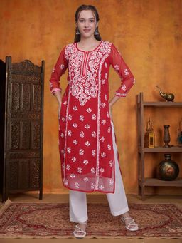 Seva Chikan - Hand Embroidered Red Georgette Lucknowi Chikankari Kurta with Inner (Set of 2)
