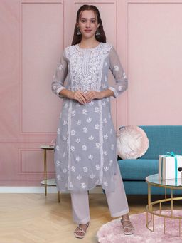 Seva Chikan - Hand Embroidered Grey Georgette Lucknowi Chikankari Kurta with Inner (Set of 2)