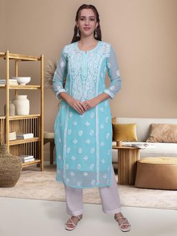 Seva Chikan - Hand Embroidered Turquoise Georgette Chikankari Kurta with Inner (Set of 2)