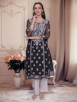 Seva Chikan - Hand Embroidered Black Georgette Lucknowi Chikankari Kurta with Inner (Set of 2)