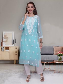 Seva Chikan - Hand Embroidered Turquoise Georgette Chikankari Kurta with Inner (Set of 2)