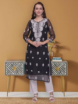 Seva Chikan - Hand Embroidered Black Georgette Lucknowi Chikankari Kurta with Inner (Set of 2)