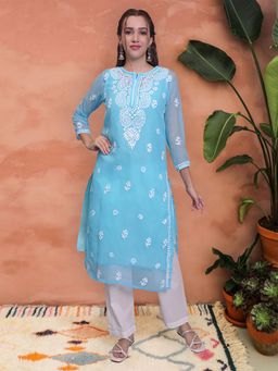Seva Chikan - Hand Embroidered Blue Georgette Lucknowi Chikankari Kurta with Inner (Set of 2)