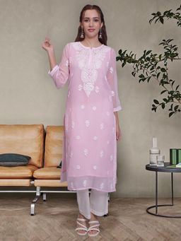 Seva Chikan - Hand Embroidered Pink Georgette Lucknowi Chikankari Kurta with Inner (Set of 2)