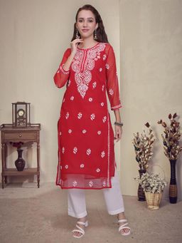 Seva Chikan - Hand Embroidered Red Georgette Lucknowi Chikankari Kurta with Inner (Set of 2)
