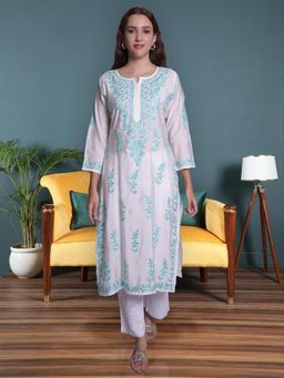 Seva Chikan - Hand Embroidered White and Blue Chanderi Lucknowi Chikankari Kurta