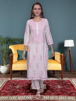 Seva Chikan - Hand Embroidered White and Pink Chanderi Lucknowi Chikankari Kurta