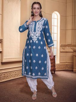 Seva Chikan - Hand Embroidered Blue Cotton Lucknowi Chikankari Kurta
