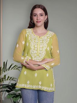 Seva Chikan - Hand Embroidered Green Georgette Lucknowi Chikankari Kurti with Inner (Set of 2)