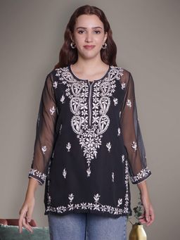 Seva Chikan - Hand Embroidered Black Georgette Lucknowi Chikankari Kurti with Inner (Set of 2)