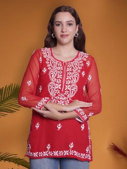 Seva Chikan - Hand Embroidered Red Georgette Lucknowi Chikankari Kurti with Inner (Set of 2)