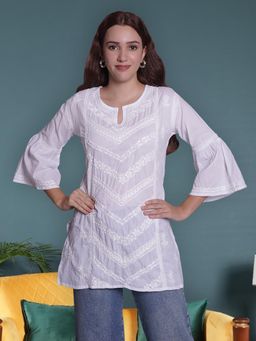 Seva Chikan - Hand Embroidered White Cotton Lucknowi Chikankari Kurti