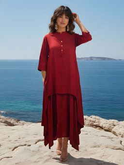 Dora Dori - Maroon Solid High Low Flared Tie-Up Dress