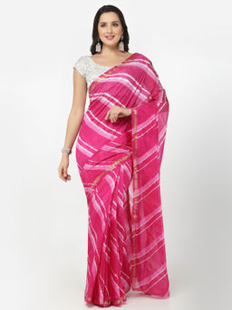 KISHORI - Womens Silk Bandhani and Zari Weaving Saree and Blouse Piece (Pink & White)