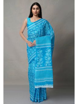 Unnati Silks - Blue Pure Krisha Block Printed Cotton Saree with Unstitched Blouse