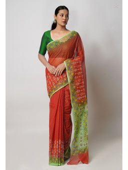 Unnati Silks - Cinnamon Red Pure Dyed Printed Kota Cotton Saree with Unstitched Blouse