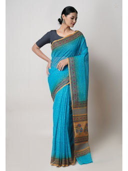 Unnati Silks - Blue Pure Dyed Printed Kota Cotton Saree with Unstitched Blouse