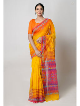 Unnati Silks - Yellow Pure Dyed Printed Kota Cotton Saree with Unstitched Blouse