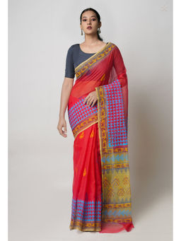 Unnati Silks - Red Pure Dyed Printed Kota Cotton Saree with Unstitched Blouse