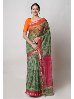Unnati Silks - Green Pure Dyed Printed Kota Cotton Saree with Unstitched Blouse