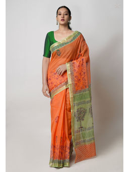 Unnati Silks - Orange Pure Dyed Printed Kota Cotton Saree with Unstitched Blouse