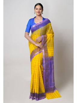 Unnati Silks - Yellow Pure Dyed Printed Kota Cotton Saree with Unstitched Blouse