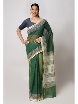Unnati Silks - Green Pure Dyed Printed Kota Cotton Saree with Unstitched Blouse