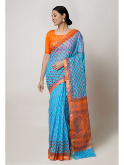 Unnati Silks - Blue Pure Dyed Printed Kota Cotton Saree with Unstitched Blouse
