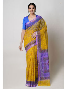 Unnati Silks - Yellow Pure Dyed Printed Kota Cotton Saree with Unstitched Blouse