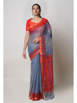 Unnati Silks - Grey Pure Dyed Printed Kota Cotton Saree with Unstitched Blouse