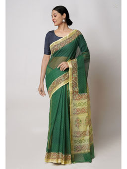 Unnati Silks - Green Pure Dyed Printed Kota Cotton Saree with Unstitched Blouse