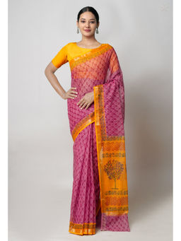 Unnati Silks - Purple Pure Dyed Printed Kota Cotton Saree with Unstitched Blouse