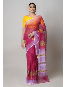 Unnati Silks - Pink Pure Dyed Printed Kota Cotton Saree with Unstitched Blouse