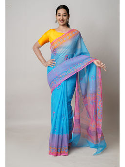 Unnati Silks - Blue Pure Dyed Printed Kota Cotton Saree with Unstitched Blouse