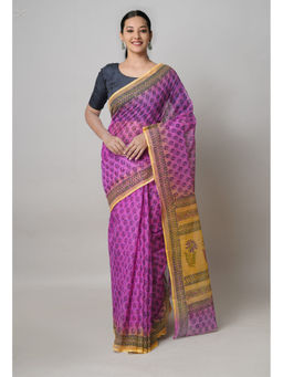 Unnati Silks - Purple Pure Dyed Printed Kota Cotton Saree with Unstitched Blouse