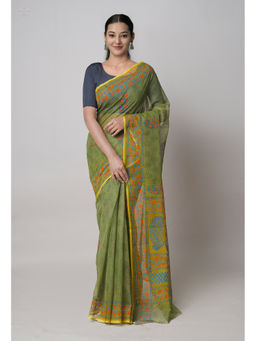 Unnati Silks - Green Pure Dyed Printed Kota Cotton Saree with Unstitched Blouse