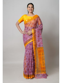 Unnati Silks - Pink Pure Dyed Printed Kota Cotton Saree with Unstitched Blouse