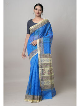 Unnati Silks - Blue Pure Dyed Printed Kota Cotton Saree with Unstitched Blouse