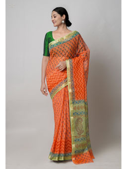 Unnati Silks - Orange Pure Dyed Printed Kota Cotton Saree with Unstitched Blouse