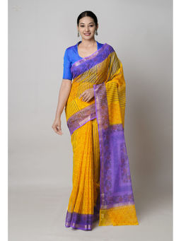 Unnati Silks - Yellow Pure Dyed Printed Kota Cotton Saree with Unstitched Blouse