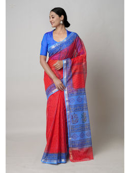 Unnati Silks - Red Pure Dyed Printed Kota Cotton Saree with Unstitched Blouse