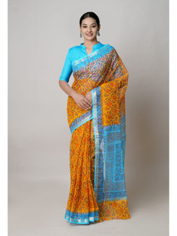 Unnati Silks - Yellow Pure Dyed Printed Kota Cotton Saree with Unstitched Blouse