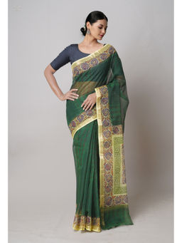 Unnati Silks - Green Pure Dyed Printed Kota Cotton Saree with Unstitched Blouse