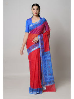 Unnati Silks - Red Pure Dyed Printed Kota Cotton Saree with Unstitched Blouse