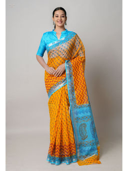 Unnati Silks - Yellow Pure Dyed Printed Kota Cotton Saree with Unstitched Blouse
