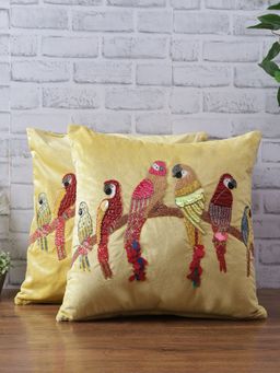 Eyda - Velvet Yellow Color Beaded Sequin Cushion Cover Set Of 2-18X18 Inch