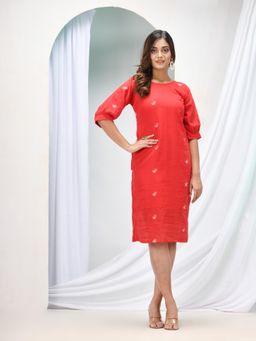 Angoshobha - Red Cotton Bengal Handwoven One Piece Dress