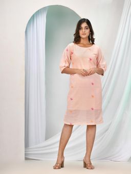 Angoshobha - Light Peach Cotton Bengal Handwoven One Piece Dress